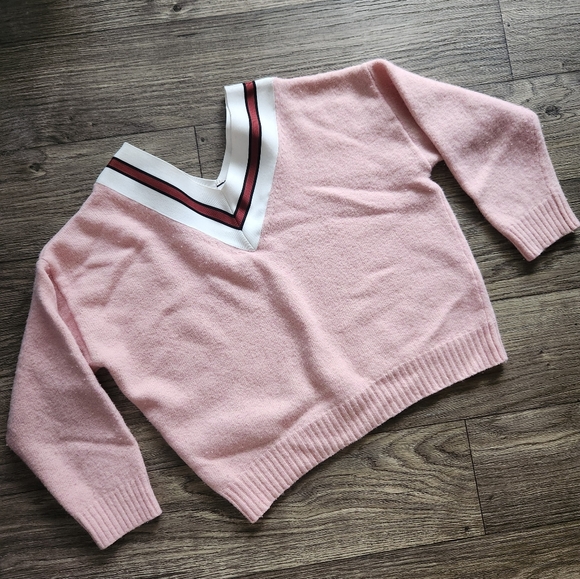 Sandro Pink V-Neck Varsity Stripe Sweater - Picture 1 of 7